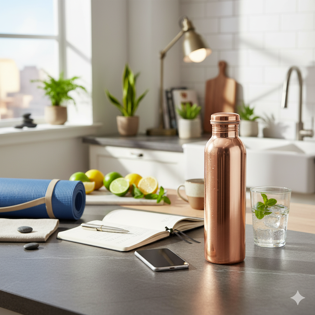 Reine Kupfer-Wasserflasche 600 ml – gehämmert, mit Henkel