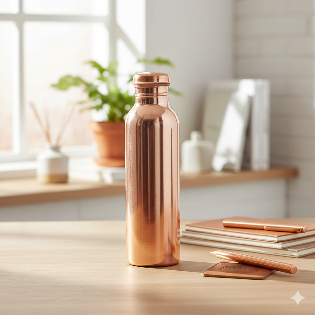 Reine Kupfer-Wasserflasche 600 ml – gehämmert, mit Henkel