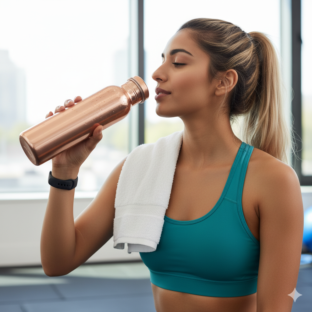Reine Kupfer-Wasserflasche 600 ml – gehämmert, mit Henkel